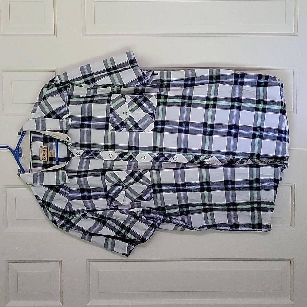 Roebuck & Co men's windowpane plaid short sleeve pearl snap shirt sz xxl